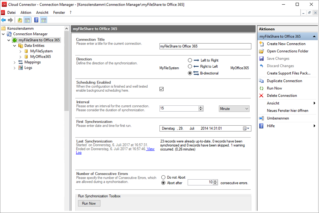 Screenshot of Layer2 Cloud Connector connection manager with a connection sample.