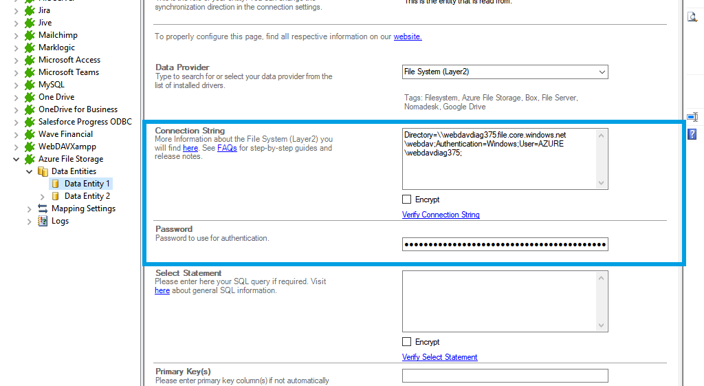 Screenshot of connection string setup for Azure File Storage