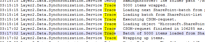 Example of trace messages in connection log file