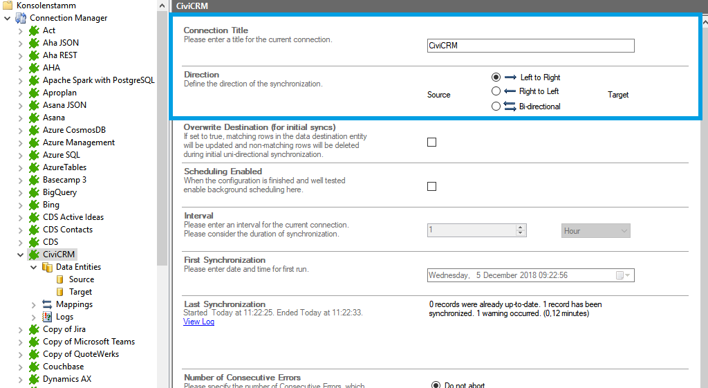 Connection setup for CiviCRM in the Layer2 Cloud Connector