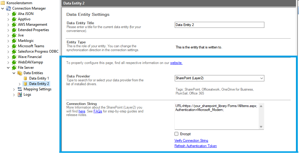 Screenshot of Data Entity 2, where you can enter the information of SharePoint to connect it with File Server
