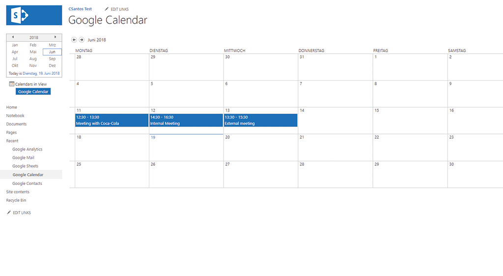 google calendar data in sharepoint