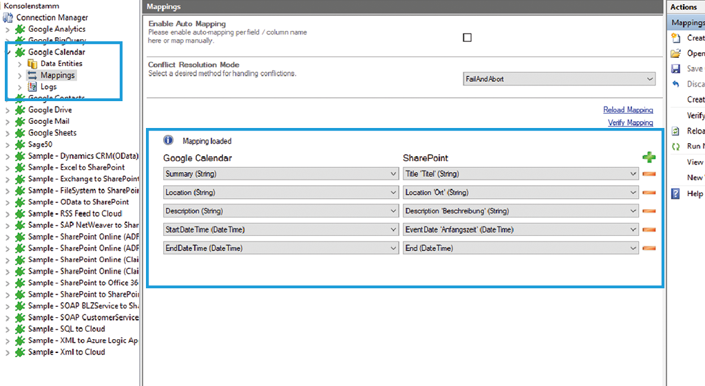 Mapping in the Layer2 Cloud Connector for Google Calendar data integration