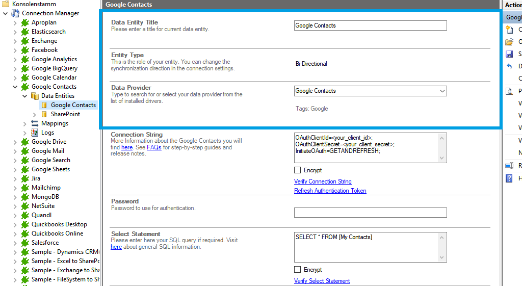 Source configuration in the Layer2 Cloud Connector for Google Contacts data integration