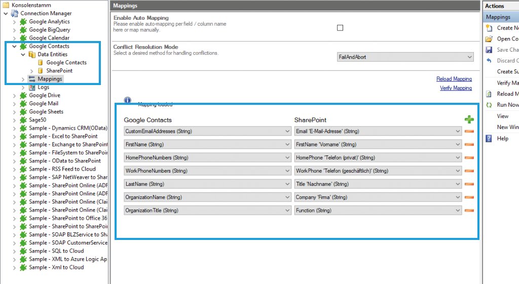 Mapping in the Layer2 Cloud Connector for the Google Contacts data integration