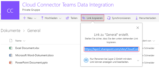 Screenshot: URL for the connection string