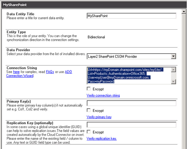 Connection configuration for connection and synchronization with SharePoint or Office 365