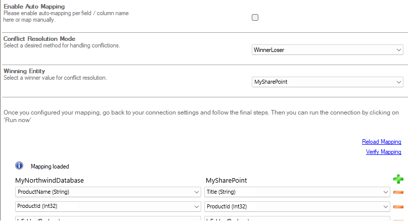 In our example you see the column mapping of data source and data destination.