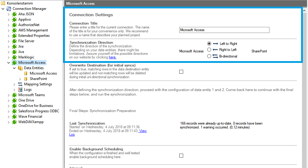 Screenshot of Microsoft Access one way connection in Layer2 Cloud Connector