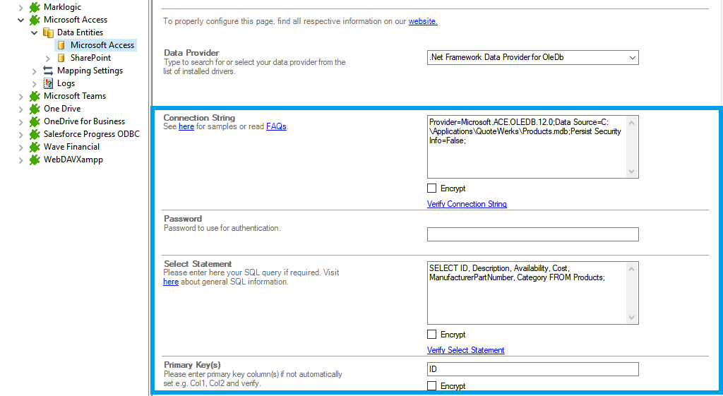 Screenshot of a Microsoft Access connection string in Layer2 Cloud Connector