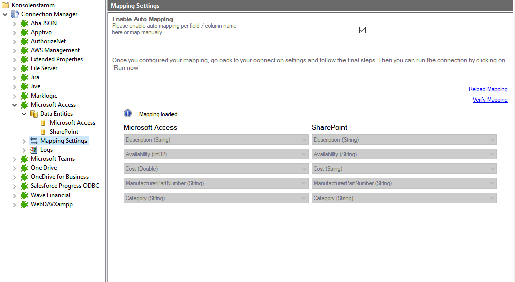 Acreenshot of mapping settings between Microsoft Access and SharePoint in layer2 Cloud Connector