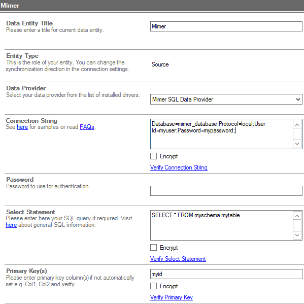 Connection sample of Mimer SQL Integration