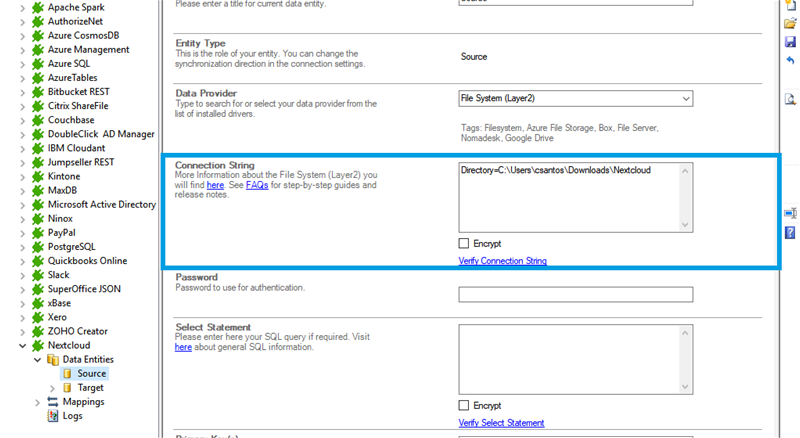 Screenshot of a connection string in Layer2 Cloud Connector