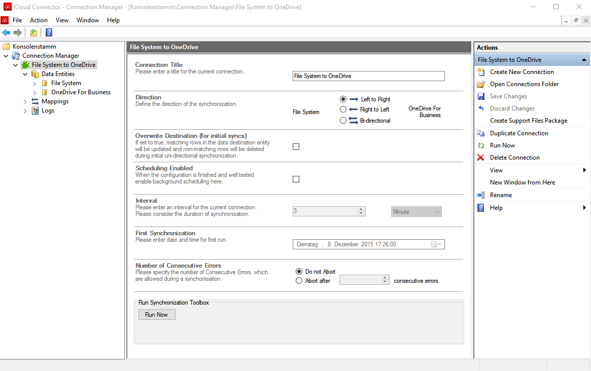 Screenshot of Layer2 Cloud Connector with a System to OneDrive connection setup