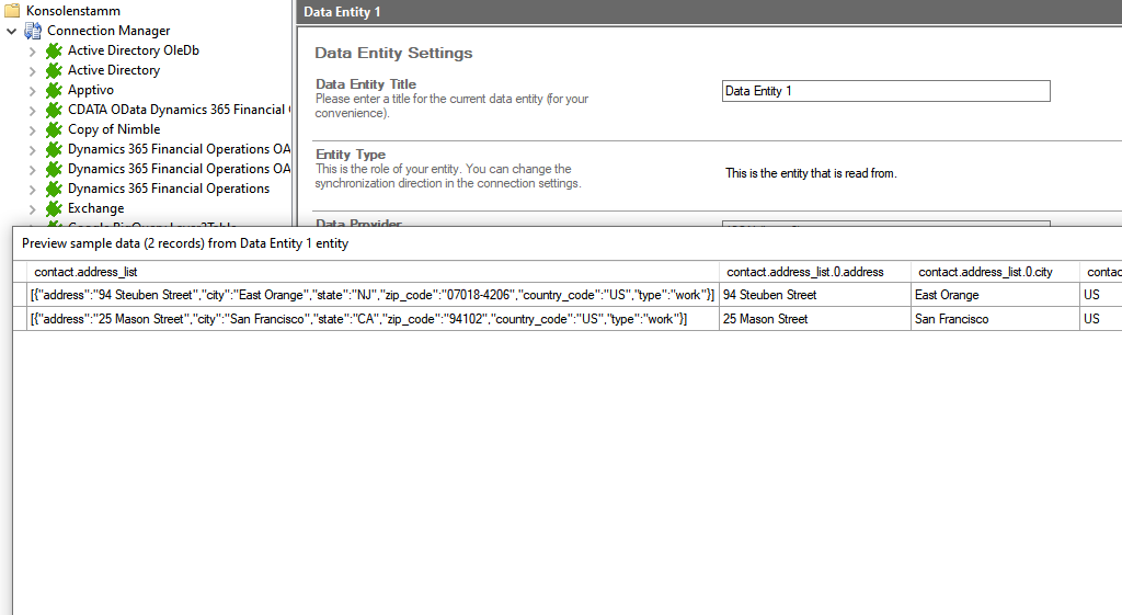 Preview data of OnePageCRM integration in the Layer2 Cloud Connector