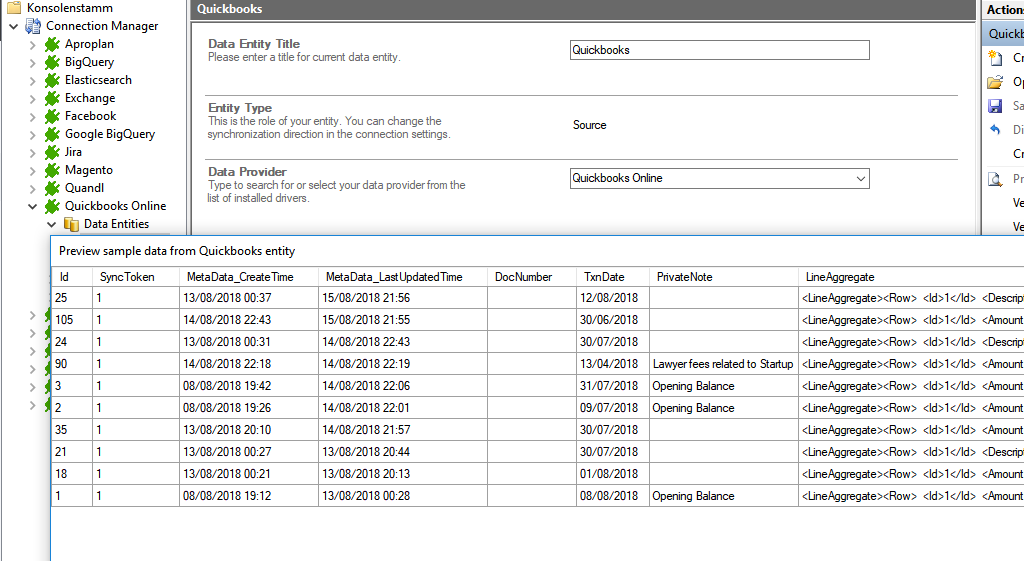 Screenshot of a data preview of quickbooks online integration in Layer2 Cloud Connector