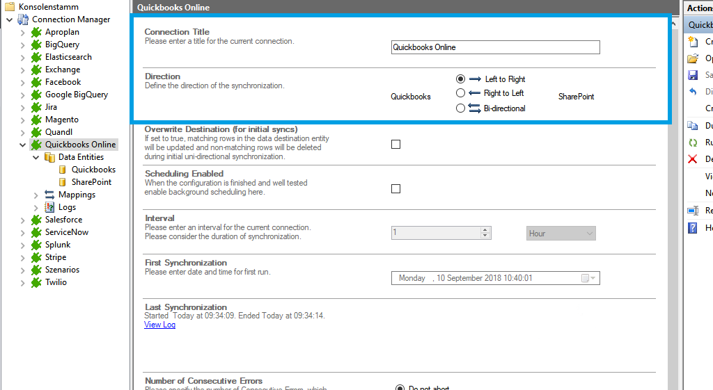Screenshot of a setup for your Quickbooks SharePoint connection in Layer2 Cloud Connector