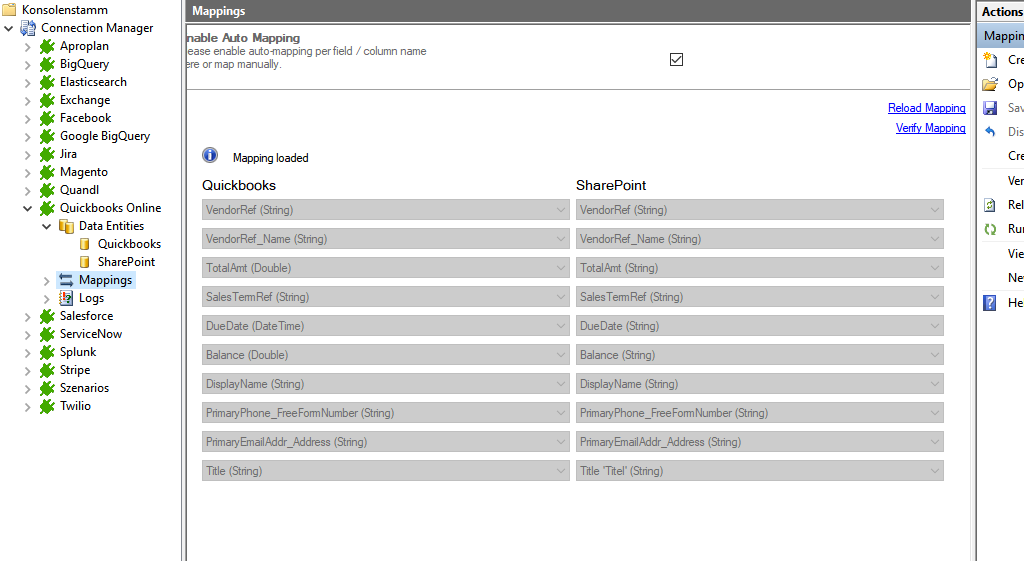 Screenshot of a Quickbooks to SharePoint mapping in Layer2 Cloud Connector