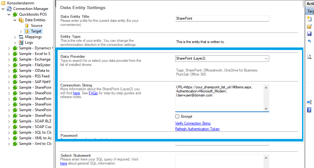 Screenshot of a target setup for your Quickbooks SharePoint integration