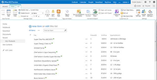 You can manage your data from SQL in SharePoint. Your data destination in Microsoft SharePoint 2013, Office 365 will look like our example.