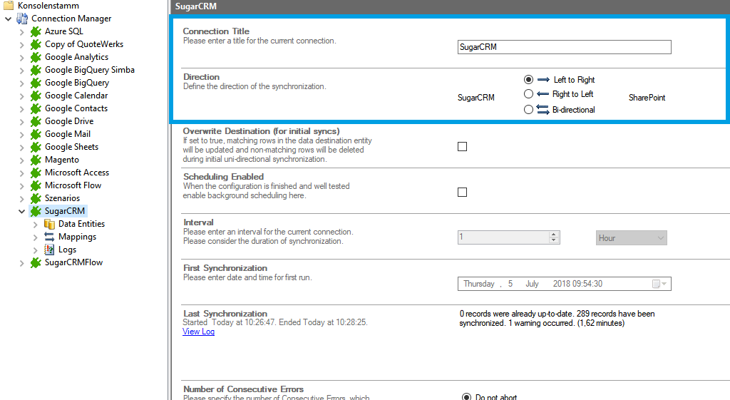 Connection setup for sugarcrm in the Layer2 Cloud Connector