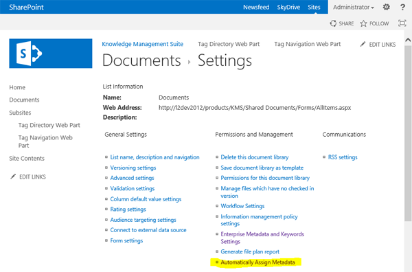 Configuration of  automatic metadata assignment in SharePoint library 